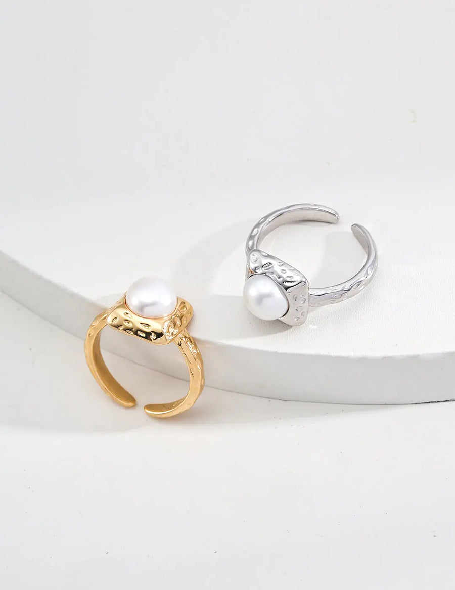 Aruary Studio ｜ Artisanal Jewelry Adjustable Freshwater Pearl Ring - 18K Gold Plated Sterling Silver, Open Minimalist Ring