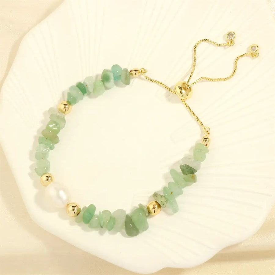 Aruary Studio ｜ Artisanal Jewelry Artisan Gemstone Stretch Bracelet - Hand-Knotted Freshwater Pearls & Semi-Precious Stones, Irregular Boho Stack Green Aventurine