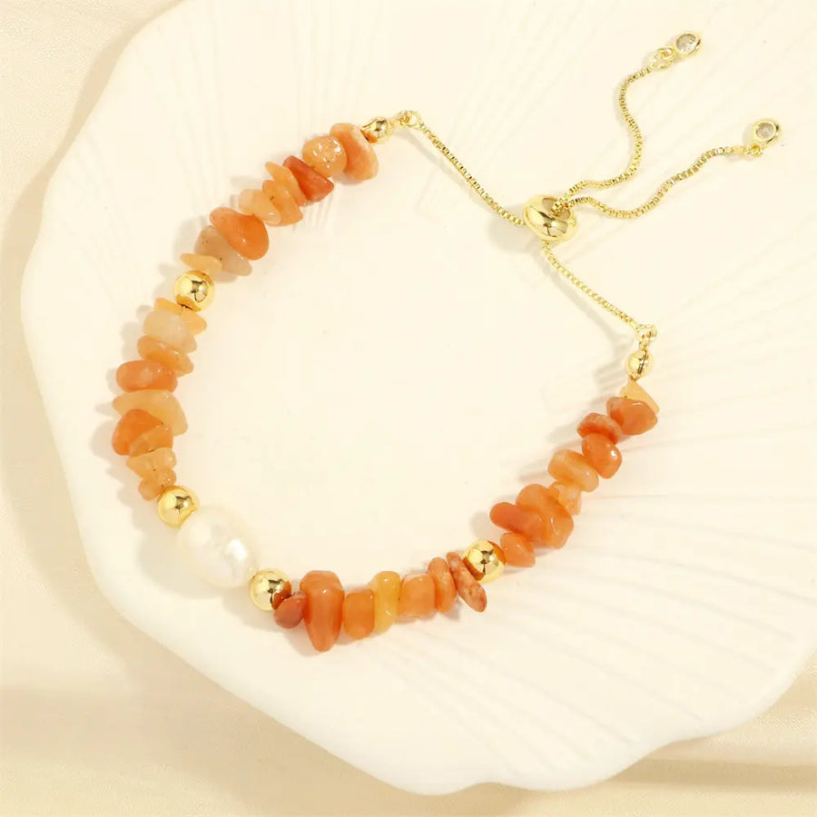 Aruary Studio ｜ Artisanal Jewelry Artisan Gemstone Stretch Bracelet - Hand-Knotted Freshwater Pearls & Semi-Precious Stones, Irregular Boho Stack Red Aventurine