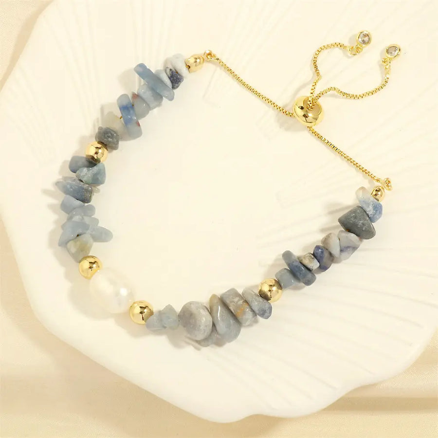 Aruary Studio ｜ Artisanal Jewelry Artisan Gemstone Stretch Bracelet - Hand-Knotted Freshwater Pearls & Semi-Precious Stones, Irregular Boho Stack Blue Aventurine