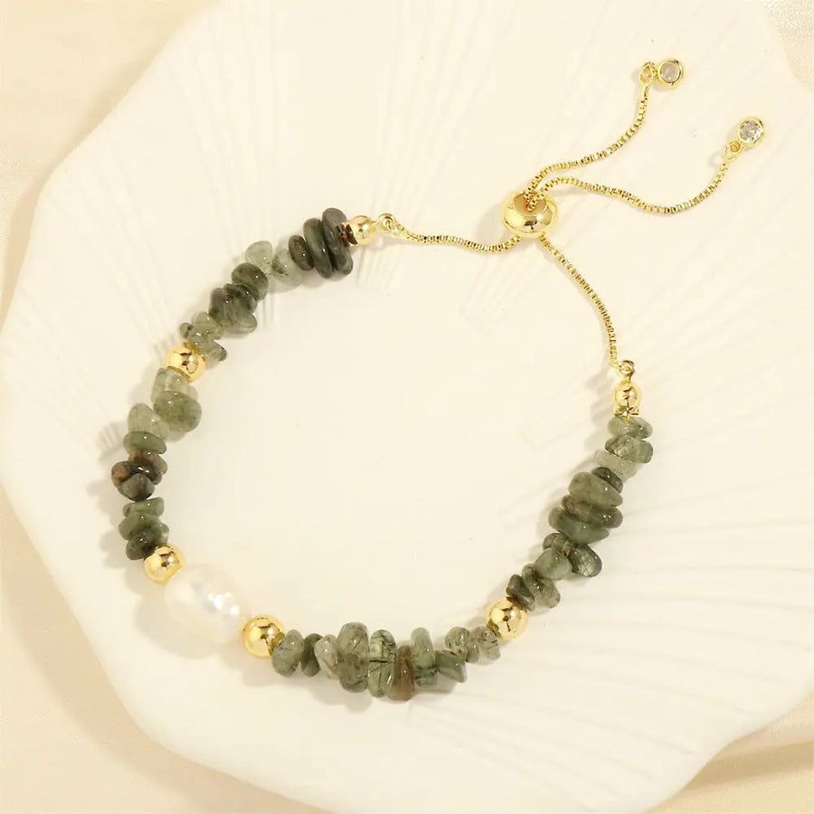 Aruary Studio ｜ Artisanal Jewelry Artisan Gemstone Stretch Bracelet - Hand-Knotted Freshwater Pearls & Semi-Precious Stones, Irregular Boho Stack Green Rutilated Quartz