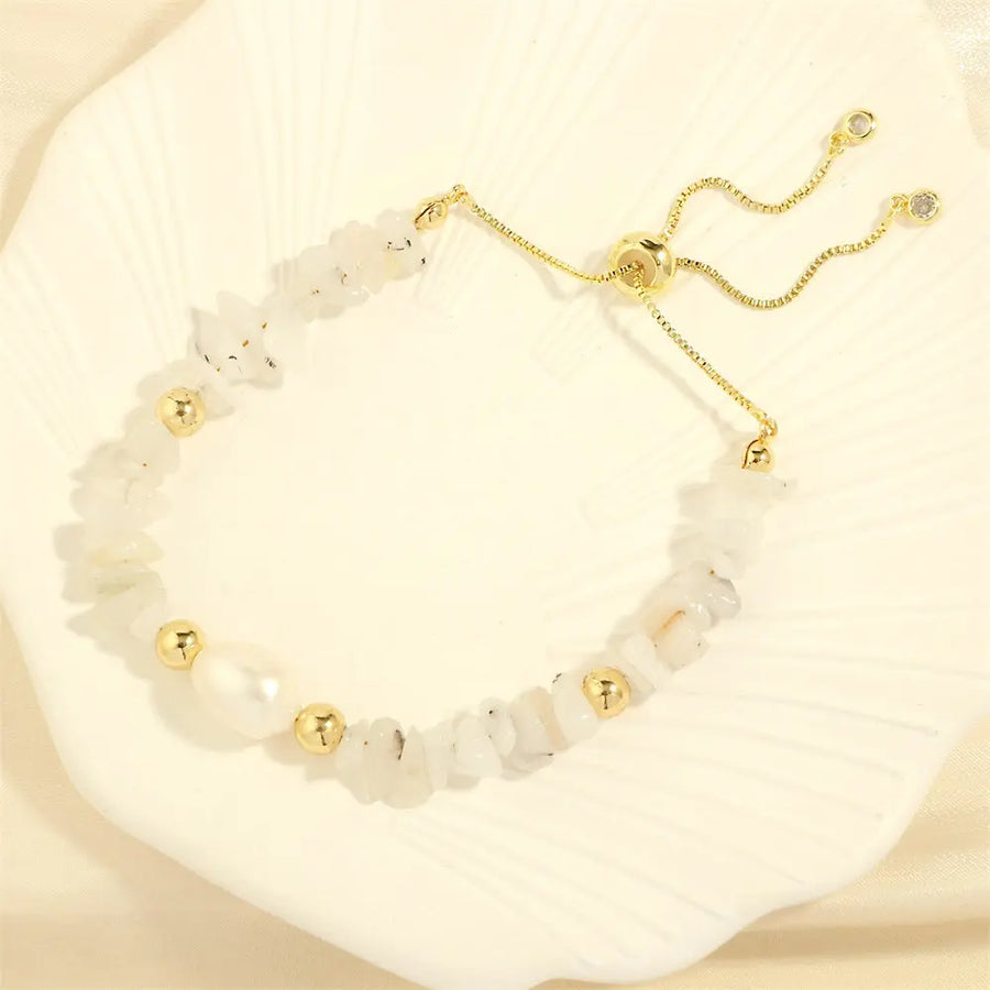 Aruary Studio ｜ Artisanal Jewelry Artisan Gemstone Stretch Bracelet - Hand-Knotted Freshwater Pearls & Semi-Precious Stones, Irregular Boho Stack White Moonstone