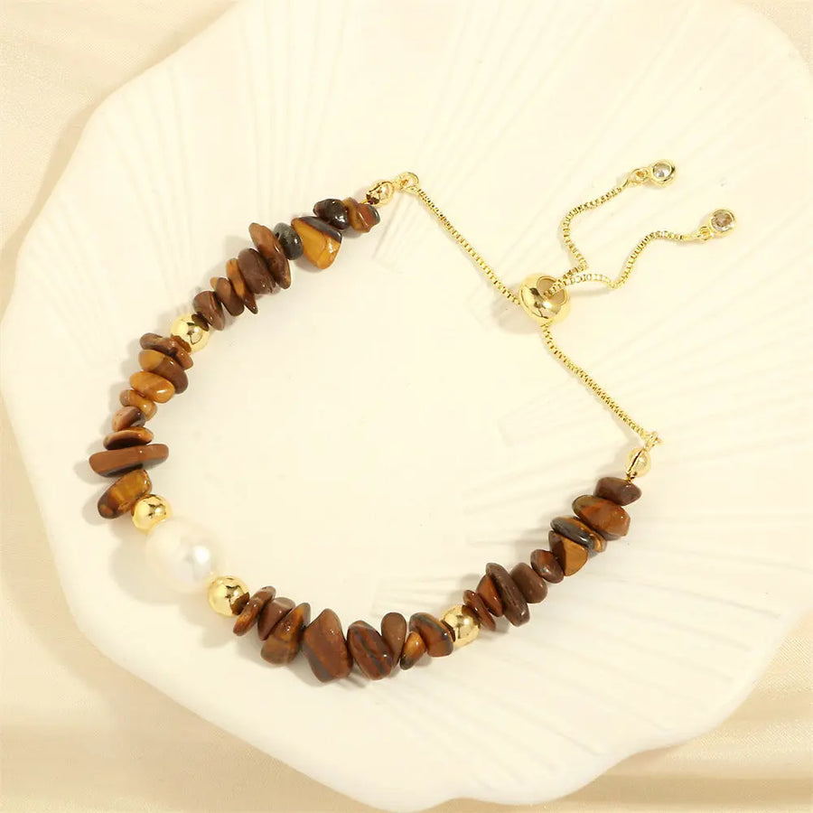 Aruary Studio ｜ Artisanal Jewelry Artisan Gemstone Stretch Bracelet - Hand-Knotted Freshwater Pearls & Semi-Precious Stones, Irregular Boho Stack Tiger's Eye