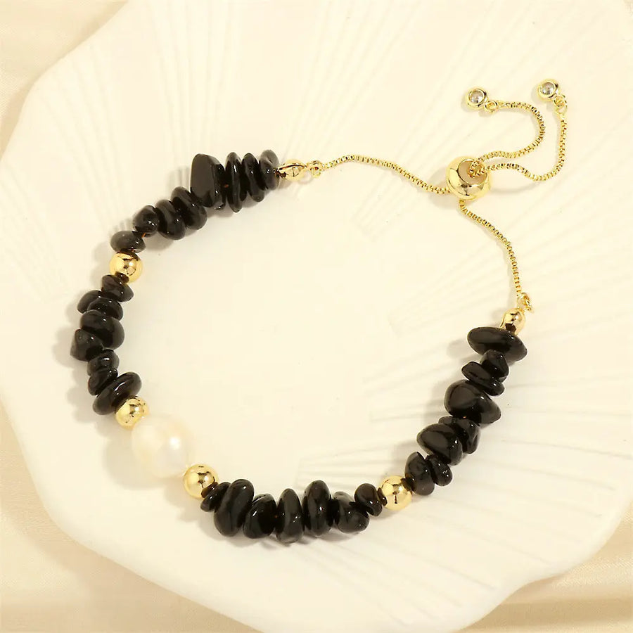 Aruary Studio ｜ Artisanal Jewelry Artisan Gemstone Stretch Bracelet - Hand-Knotted Freshwater Pearls & Semi-Precious Stones, Irregular Boho Stack Black Onyx