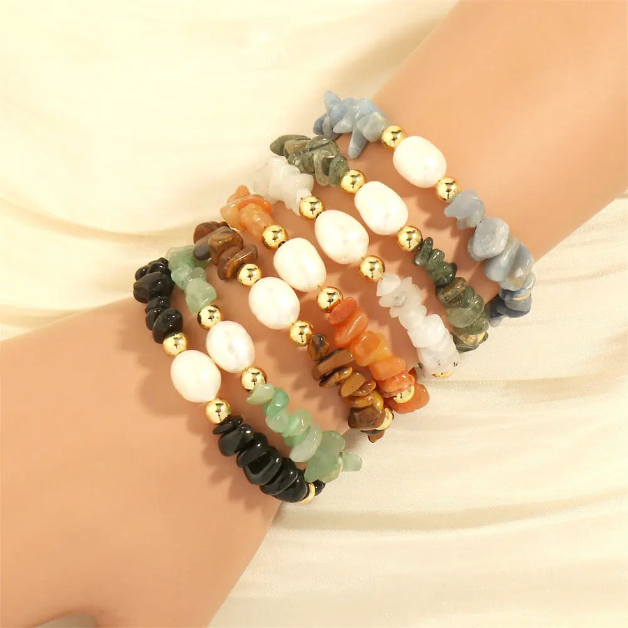 Aruary Studio ｜ Artisanal Jewelry Artisan Gemstone Stretch Bracelet - Hand-Knotted Freshwater Pearls & Semi-Precious Stones, Irregular Boho Stack