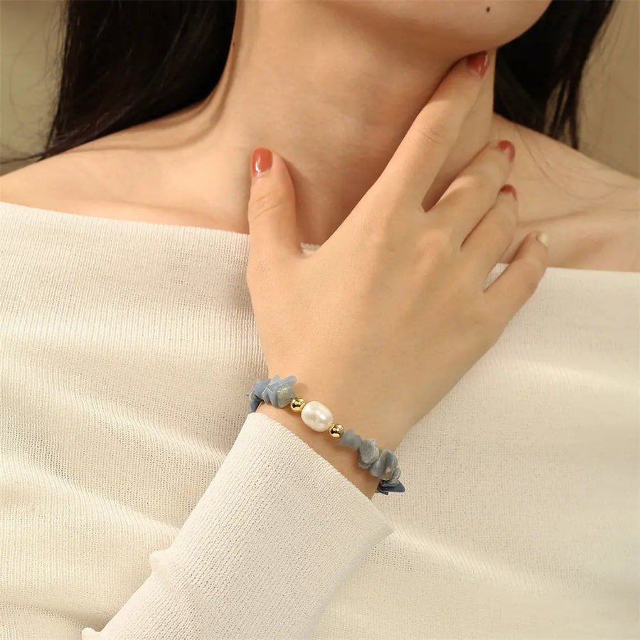 Aruary Studio ｜ Artisanal Jewelry Artisan Gemstone Stretch Bracelet - Hand-Knotted Freshwater Pearls & Semi-Precious Stones, Irregular Boho Stack