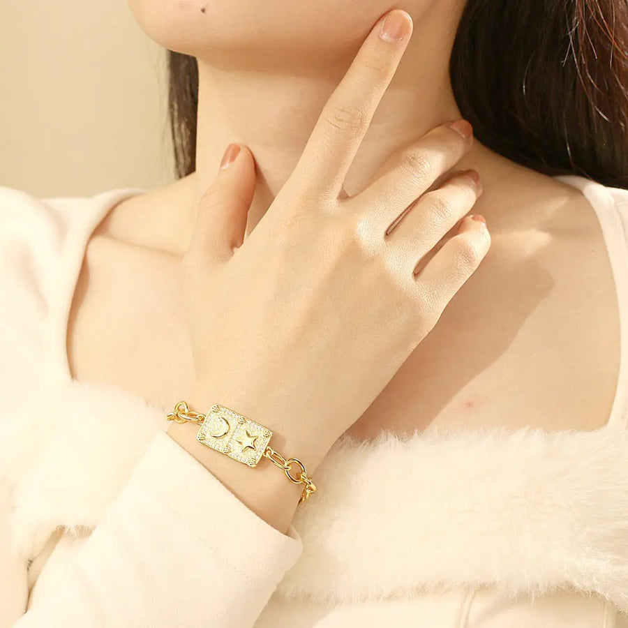 Aruary Studio ｜ Artisanal Jewelry Artisan Retro Square Charm Bracelet - Micro-Set Zircon Stars & Moons
