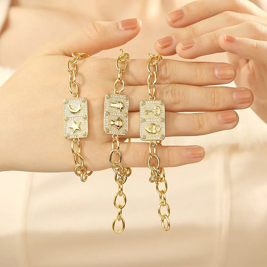 Aruary Studio ｜ Artisanal Jewelry Artisan Retro Square Charm Bracelet - Micro-Set Zircon Stars & Moons