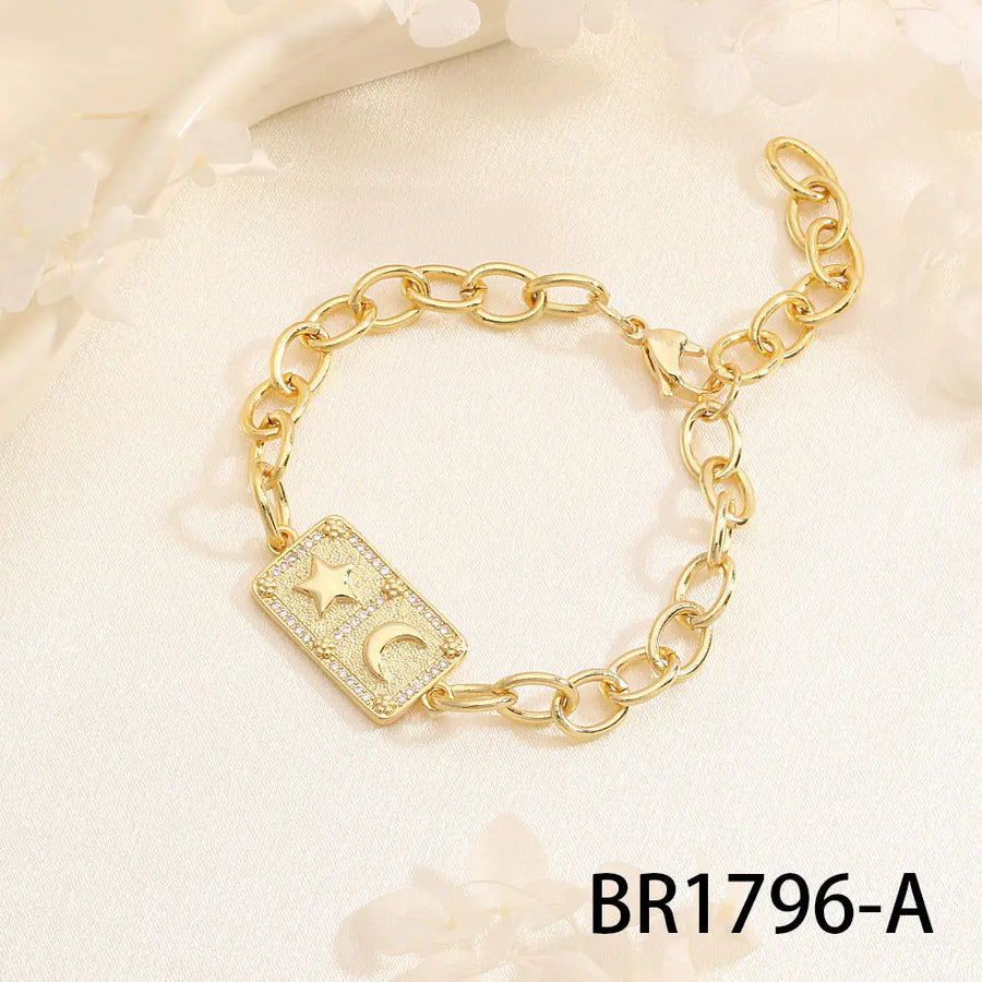 Aruary Studio ｜ Artisanal Jewelry Artisan Retro Square Charm Bracelet - Micro-Set Zircon Stars & Moons A