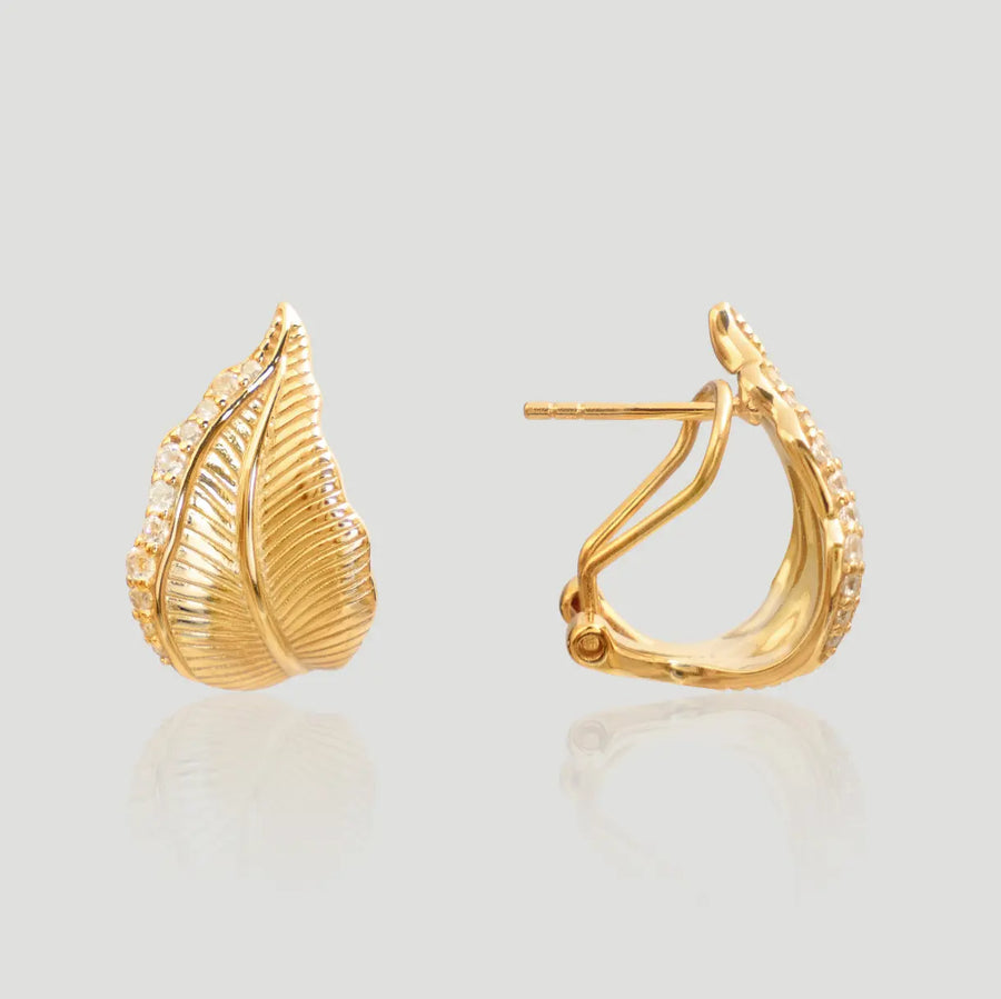 Aruary Studio ｜ Artisanal Jewelry Autumn Gold Leaf Ear Clips - 925 Silver, Cubic Zirconia, Vintage Minimalist Studs for Women