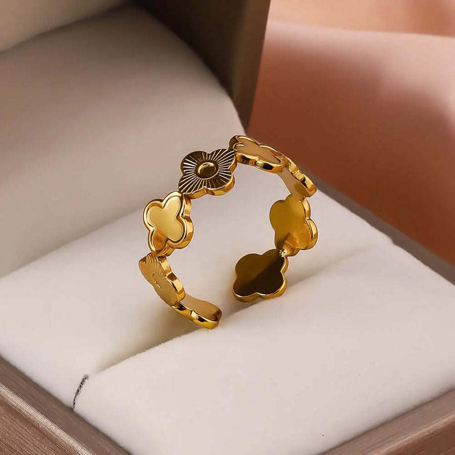 Aruary Studio ｜ Artisanal Jewelry Botanical Adjustable Ring | 18K Gold Plated Stainless Steel | Unisex Floral Statement Jewelry