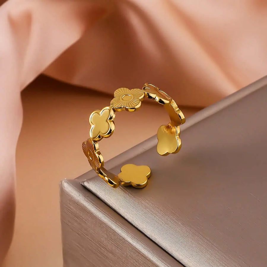 Aruary Studio ｜ Artisanal Jewelry Botanical Adjustable Ring | 18K Gold Plated Stainless Steel | Unisex Floral Statement Jewelry