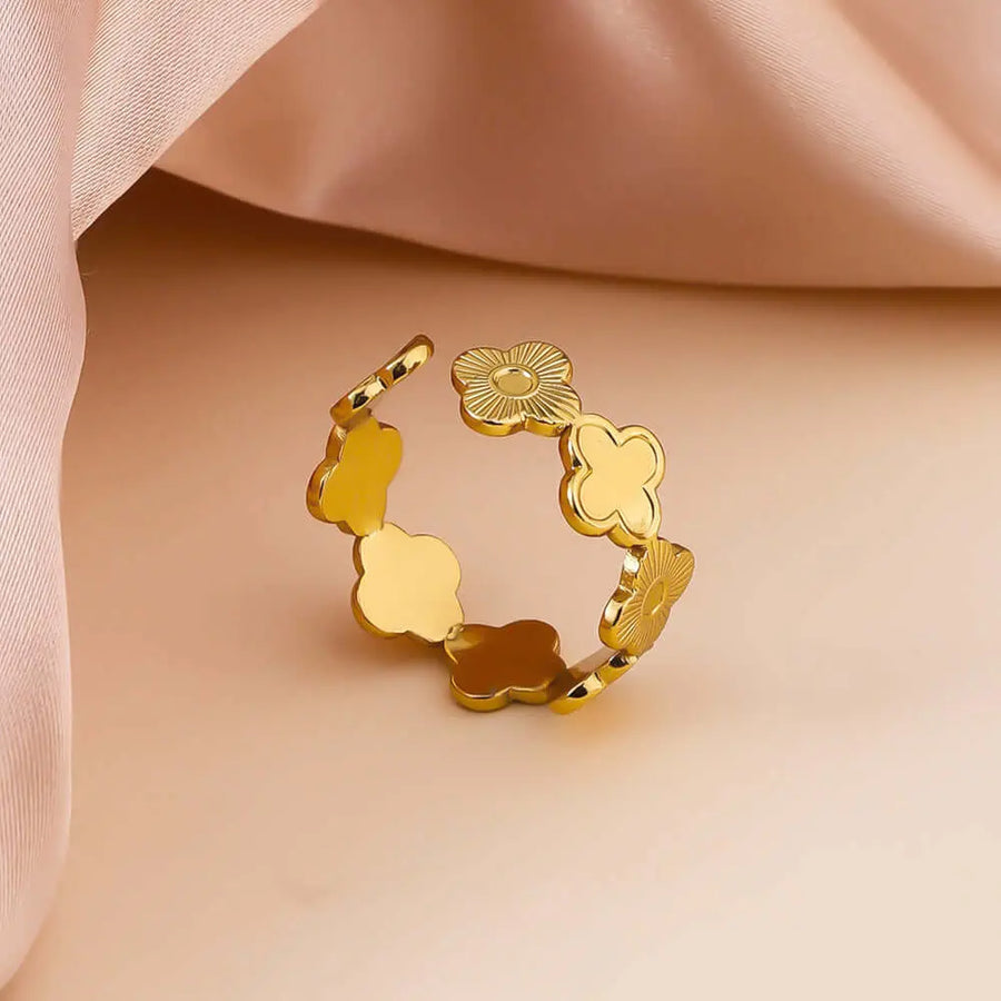 Aruary Studio ｜ Artisanal Jewelry Botanical Adjustable Ring | 18K Gold Plated Stainless Steel | Unisex Floral Statement Jewelry