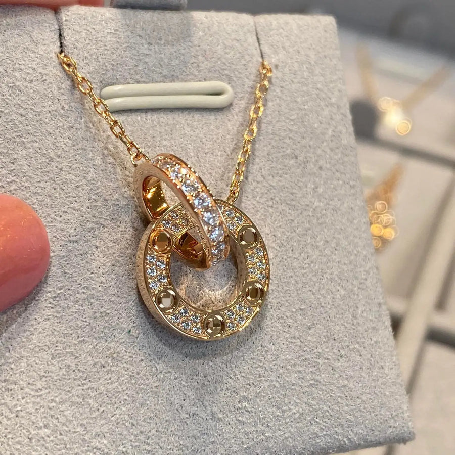 Aruary Studio ｜ Artisanal Jewelry Celestial Love Double Ring Necklace | Heavy 18K Rose Gold Plated | Cubic Zirconia Star Pendant Rose gold
