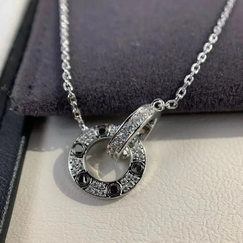 Aruary Studio ｜ Artisanal Jewelry Celestial Love Double Ring Necklace | Heavy 18K Rose Gold Plated | Cubic Zirconia Star Pendant Silvery