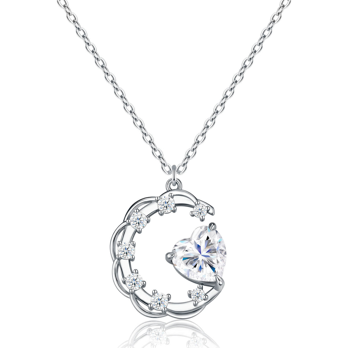 Heavy 3.6g crescent moon star pendant necklace with a large 8x8mm heart-cut moissanite center stone in rhodium plated 925 sterling silver, artfully engineered for a snag-free luxury fit.