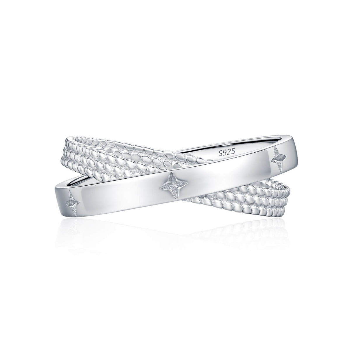 Shop Aruary's Crossed Starburst Beaded Statement Ring. Solid 2.10g S925 silver dual-layer interlocking band with celestial star engravings. Bespoke boxed.