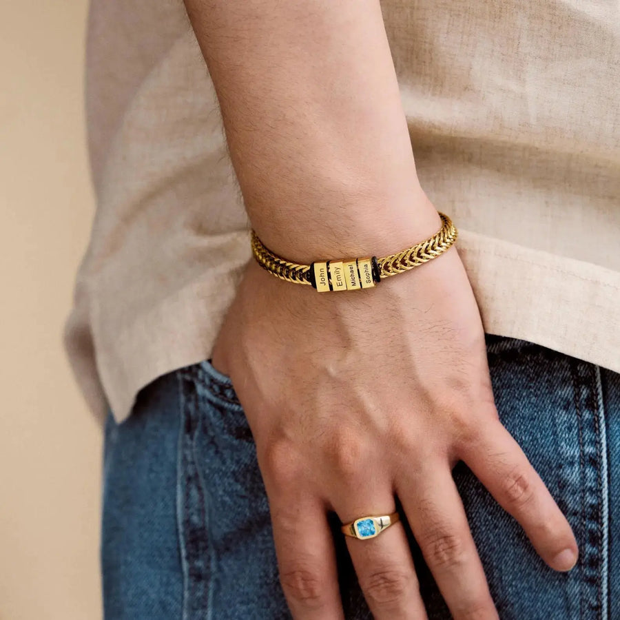 Aruary Studio ｜ Artisanal Jewelry Custom Men's Block Name Bracelet - 18K Gold Electroplated Stainless Steel, DIY Engraved Father's Day Gift (Fade-Proof)