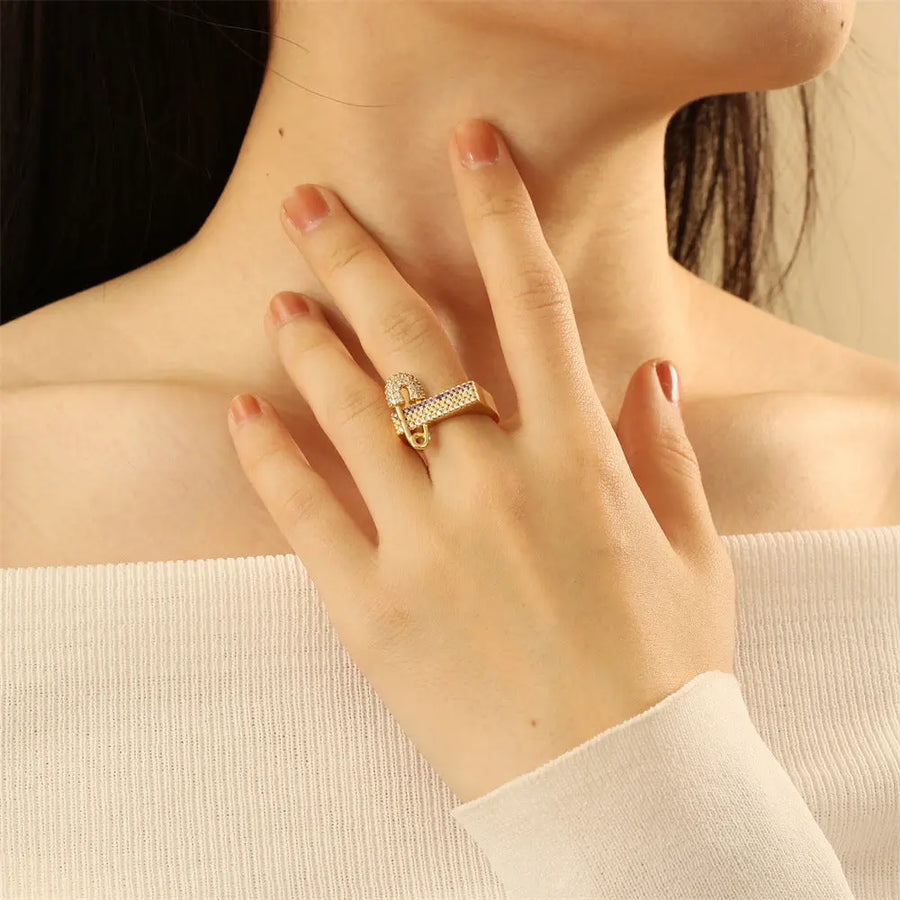 Aruary Studio ｜ Artisanal Jewelry Deconstructed Staple Ring - 18K Gold Plated Brass, Micro-Pavé Zirconia Oversized Paperclip Statement Jewelry