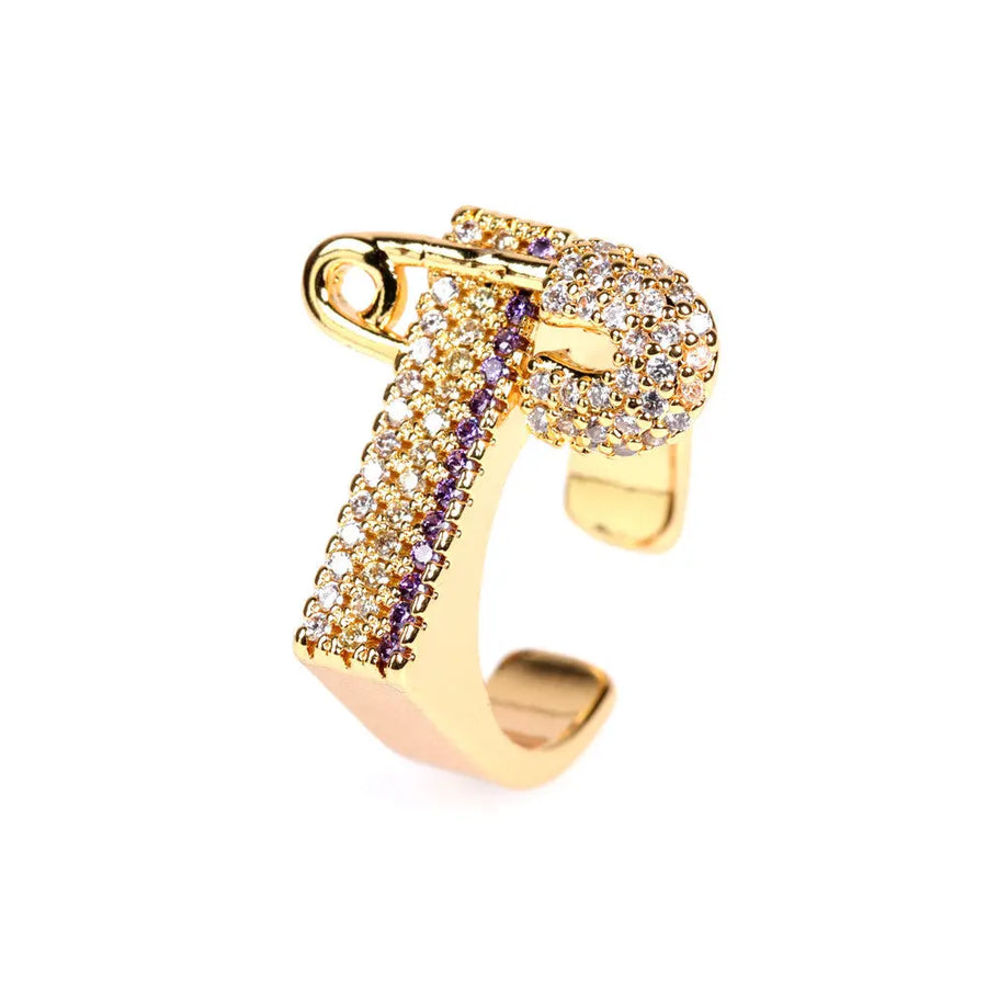 Aruary Studio ｜ Artisanal Jewelry Deconstructed Staple Ring - 18K Gold Plated Brass, Micro-Pavé Zirconia Oversized Paperclip Statement Jewelry Golden