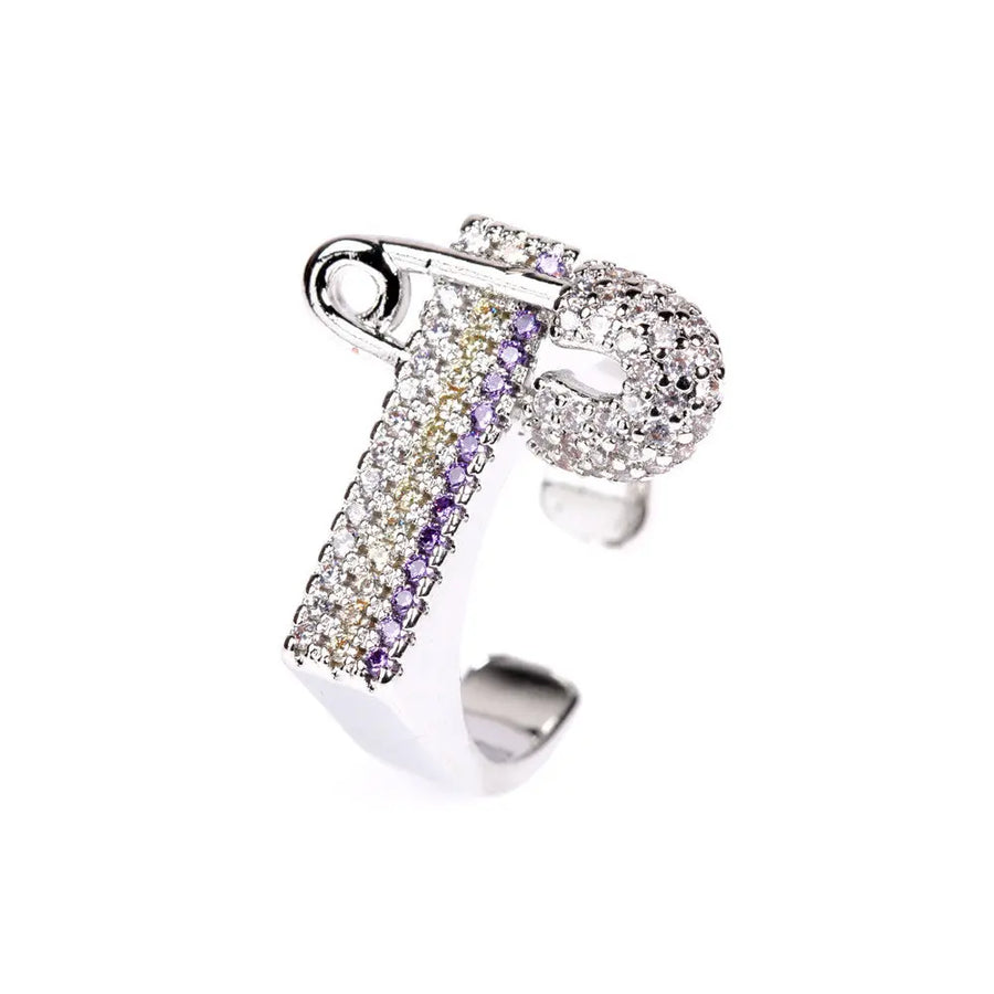 Aruary Studio ｜ Artisanal Jewelry Deconstructed Staple Ring - 18K Gold Plated Brass, Micro-Pavé Zirconia Oversized Paperclip Statement Jewelry Silvery