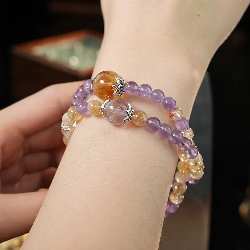 My Store Double Layer Amethyst & Citrine Bracelet - Natural Crystal Energy Healing Jewelry | Electroplated Alloy Clasp | Adjustable Boho Stackable | Summer Dopamine Accessories