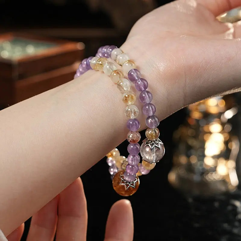 My Store Double Layer Amethyst & Citrine Bracelet - Natural Crystal Energy Healing Jewelry | Electroplated Alloy Clasp | Adjustable Boho Stackable | Summer Dopamine Accessories