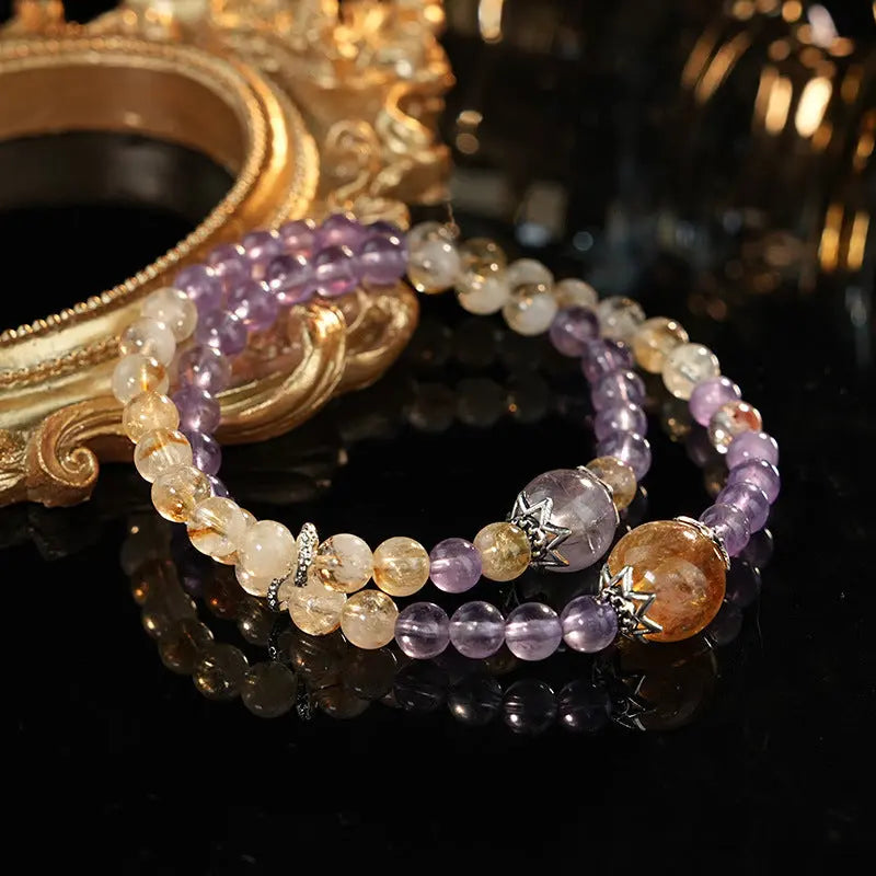My Store Double Layer Amethyst & Citrine Bracelet - Natural Crystal Energy Healing Jewelry | Electroplated Alloy Clasp | Adjustable Boho Stackable | Summer Dopamine Accessories
