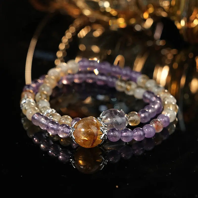 My Store Double Layer Amethyst & Citrine Bracelet - Natural Crystal Energy Healing Jewelry | Electroplated Alloy Clasp | Adjustable Boho Stackable | Summer Dopamine Accessories