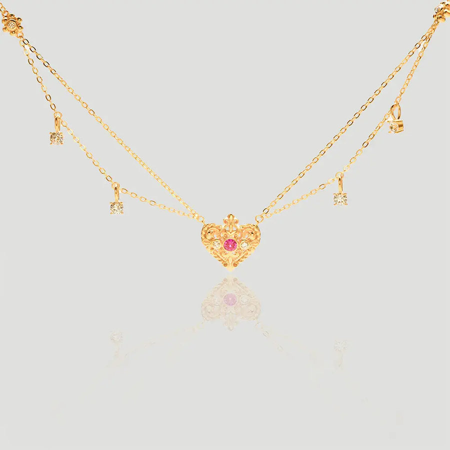 Yuqing Realm ｜ Unleash the charming goddess within you Double-Layered Golden Heart Necklace with Pink Gemstone & Diamond Accents | 925 Silver Gold Plated | Premium 5A CZ