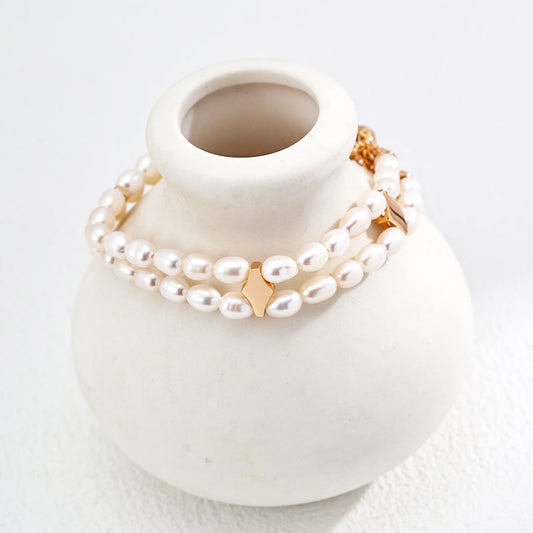Double - Layered Freshwater Pearl & Golden/Silvery - Accented Bracelet
