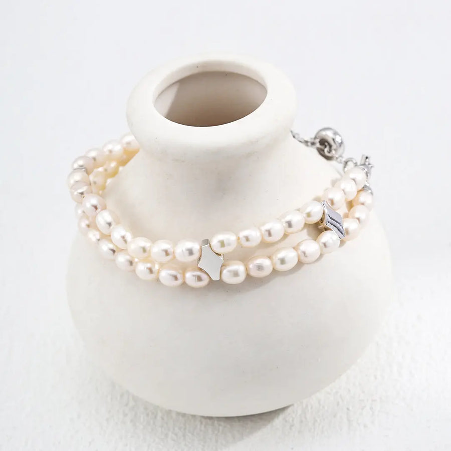 My Store Dual-Layer Pearl Cuff Bracelet - AG925 Gold/Silver Plated, 5mm Freshwater Pearls Adjustable 15+9cm Stack Silvery