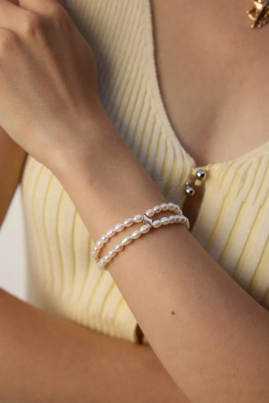 My Store Dual-Layer Pearl Cuff Bracelet - AG925 Gold/Silver Plated, 5mm Freshwater Pearls Adjustable 15+9cm Stack