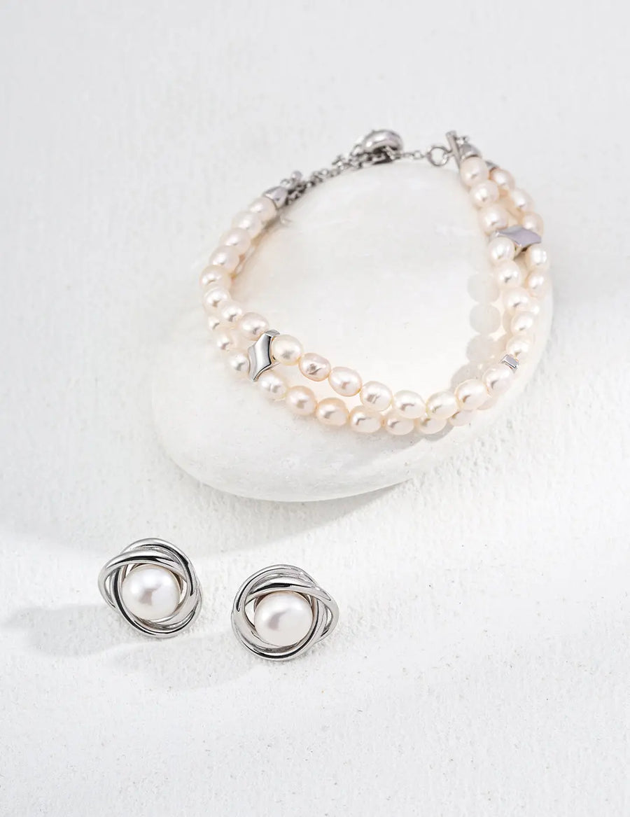 My Store Dual-Layer Pearl Cuff Bracelet - AG925 Gold/Silver Plated, 5mm Freshwater Pearls Adjustable 15+9cm Stack