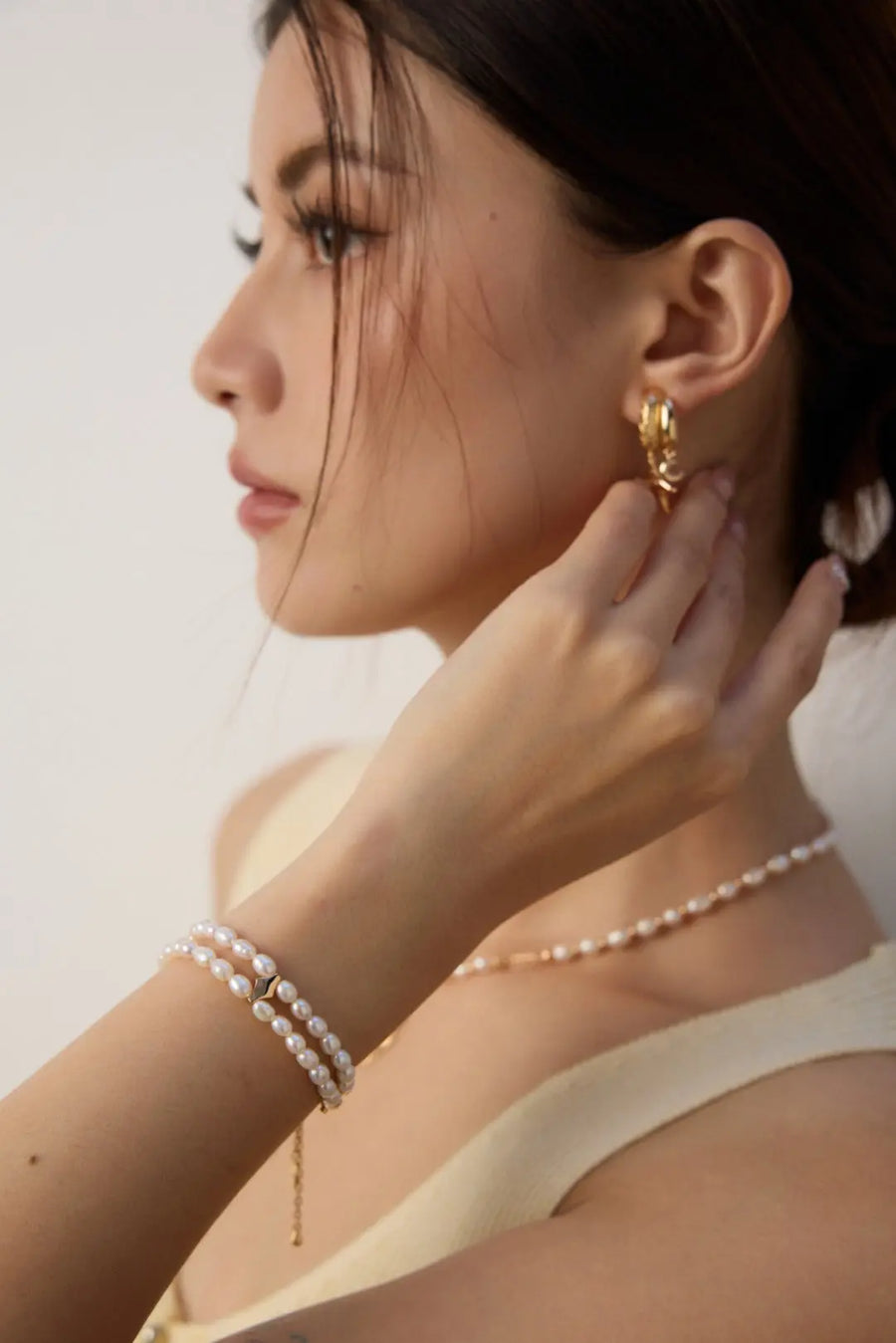 My Store Dual-Layer Pearl Cuff Bracelet - AG925 Gold/Silver Plated, 5mm Freshwater Pearls Adjustable 15+9cm Stack