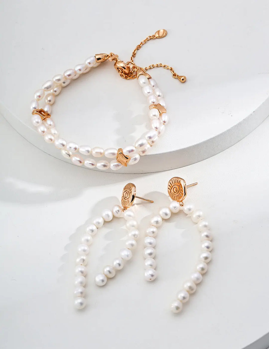 My Store Dual-Layer Pearl Cuff Bracelet - AG925 Gold/Silver Plated, 5mm Freshwater Pearls Adjustable 15+9cm Stack