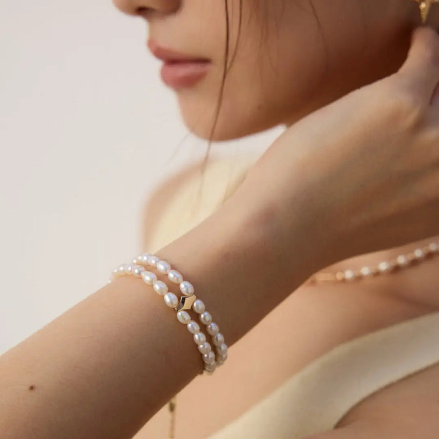 My Store Dual-Layer Pearl Cuff Bracelet - AG925 Gold/Silver Plated, 5mm Freshwater Pearls Adjustable 15+9cm Stack