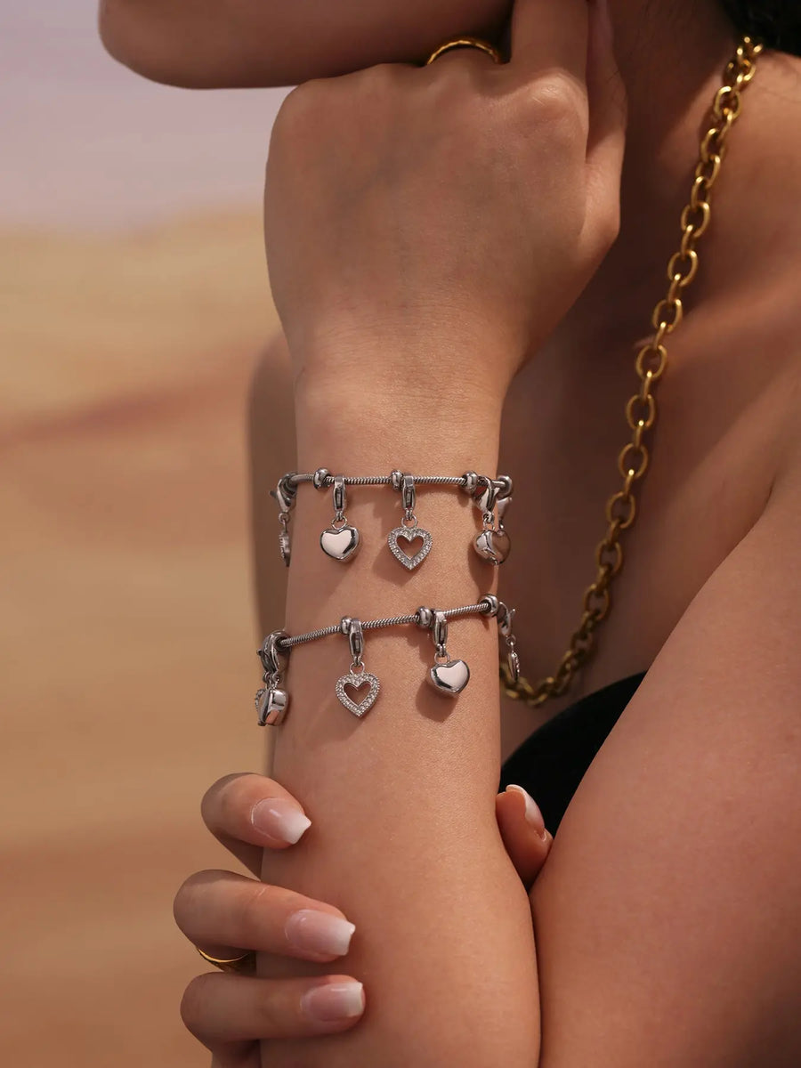 Aruary Studio ｜ Artisanal Jewelry 18K Gold Plated Heart Charm Bracelet | Cubic Zirconia Accents | adjustable dainty jewelry