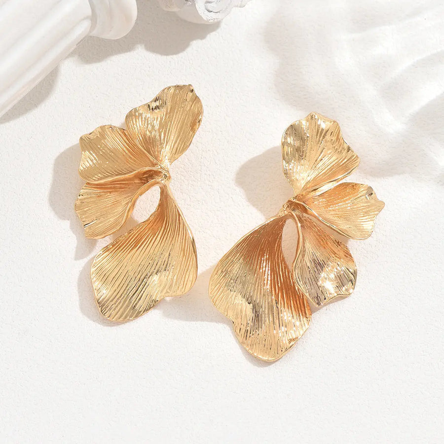 Aruary Studio ｜ Artisanal Jewelry Textured Gold Petal Statement Earrings | 18K Gold Plated Floral Design | Lightweight Dramatic Earrings for Women