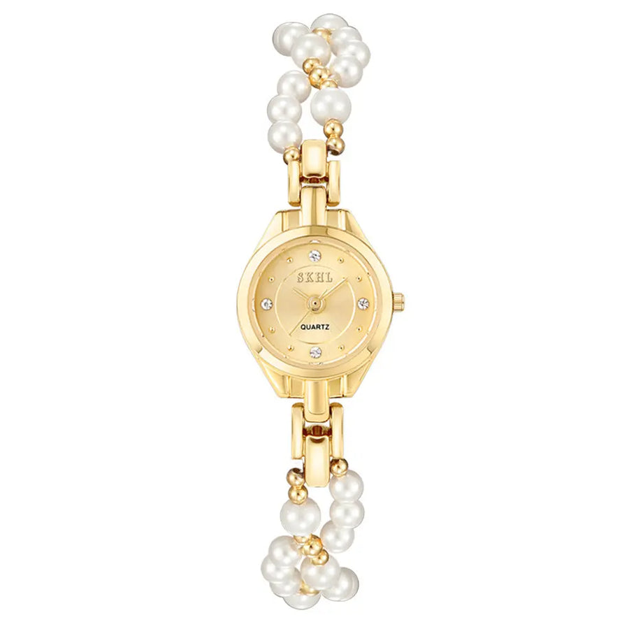 Aruary Studio ｜ Artisanal Jewelry Elegant Pearl Chain Women's Watch - 21mm Quartz Timepiece w/ Mineral Glass & Screw-Down Crown Golden