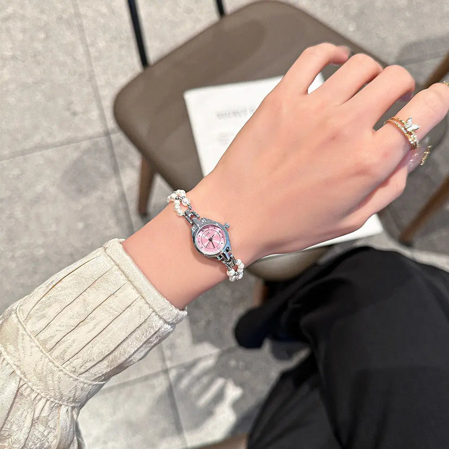 Aruary Studio ｜ Artisanal Jewelry Elegant Pearl Chain Women's Watch - 21mm Quartz Timepiece w/ Mineral Glass & Screw-Down Crown