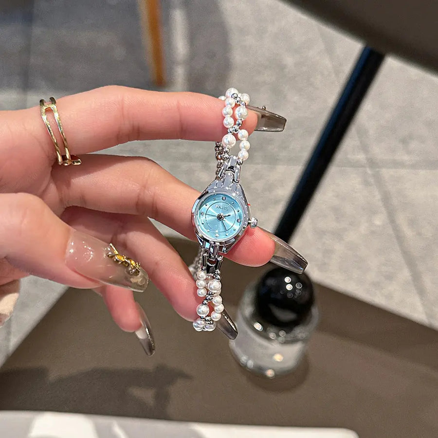 Aruary Studio ｜ Artisanal Jewelry Elegant Pearl Chain Women's Watch - 21mm Quartz Timepiece w/ Mineral Glass & Screw-Down Crown