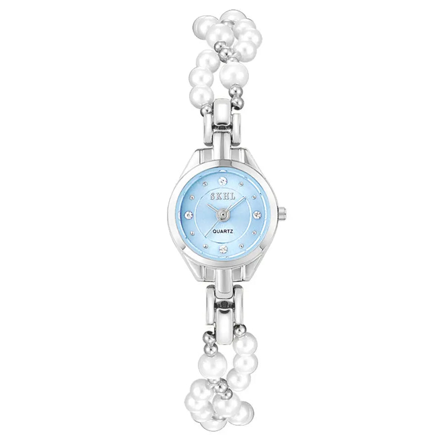 Aruary Studio ｜ Artisanal Jewelry Elegant Pearl Chain Women's Watch - 21mm Quartz Timepiece w/ Mineral Glass & Screw-Down Crown Blue