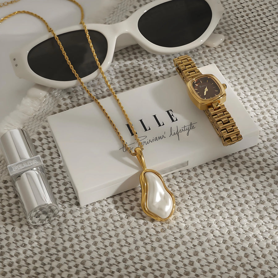 Aruary Studio ｜ Artisanal Jewelry Elegant Titanium Steel Pearl Necklace - K Yellow Gold Plated Adjustable Choker, Minimalist European Style for Women