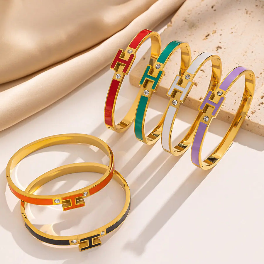Aruary Studio ｜ Artisanal Jewelry Enamel 'H' Cuff Bracelet - Stainless Steel Letter Bracelet
