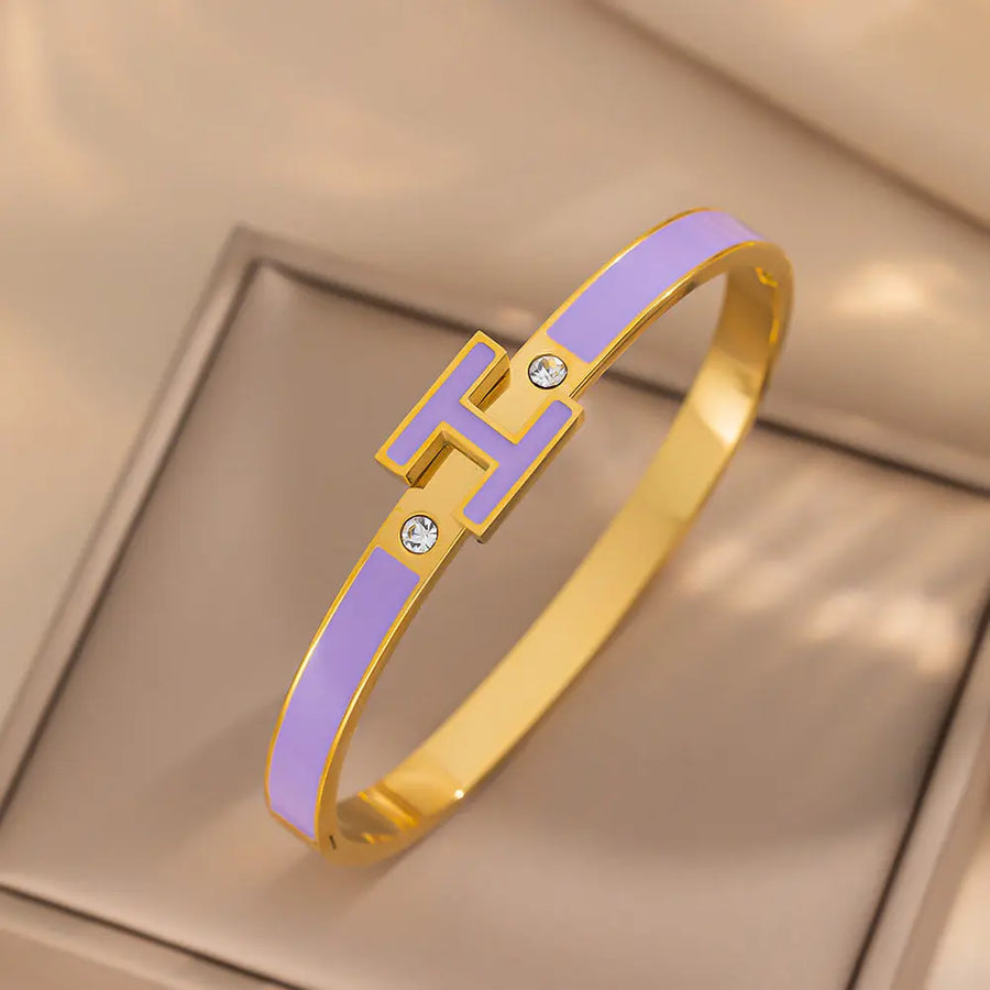 Aruary Studio ｜ Artisanal Jewelry Enamel 'H' Cuff Bracelet - Stainless Steel Letter Bracelet Purple