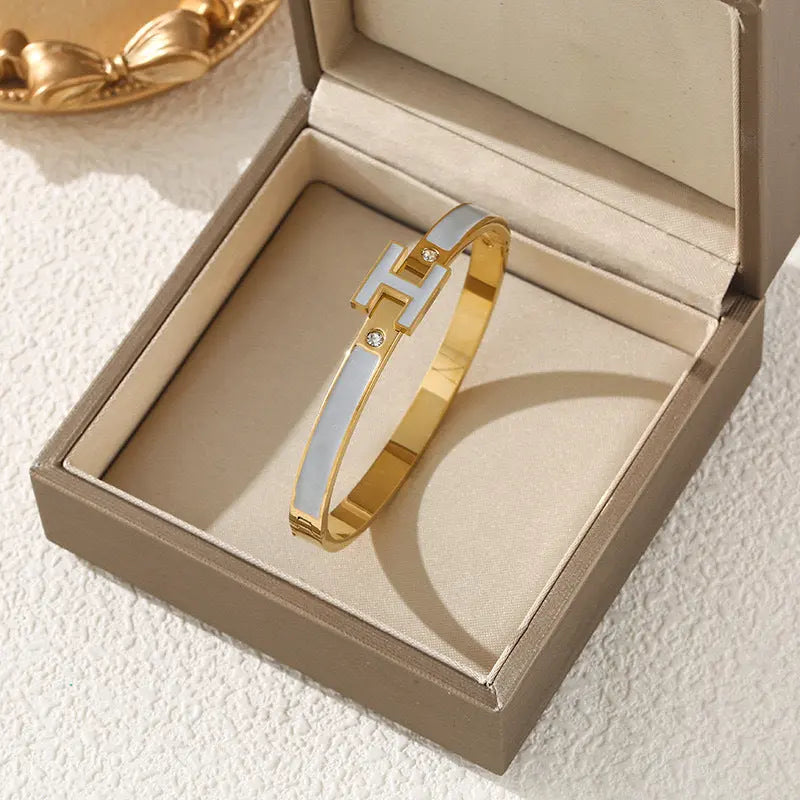Aruary Studio ｜ Artisanal Jewelry Enamel 'H' Cuff Bracelet - Stainless Steel Letter Bracelet Gray