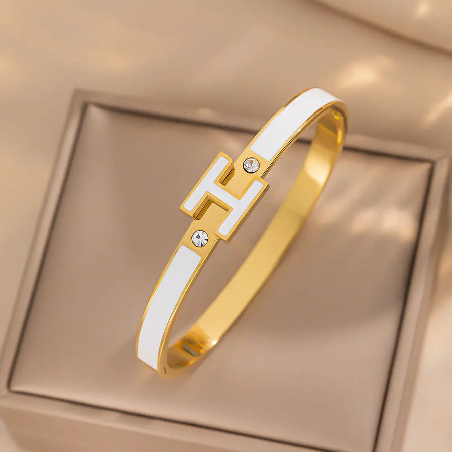 Aruary Studio ｜ Artisanal Jewelry Enamel 'H' Cuff Bracelet - Stainless Steel Letter Bracelet White