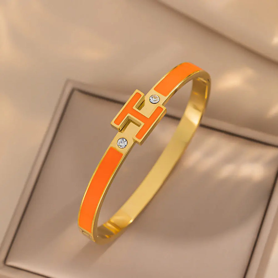 Aruary Studio ｜ Artisanal Jewelry Enamel 'H' Cuff Bracelet - Stainless Steel Letter Bracelet Orange