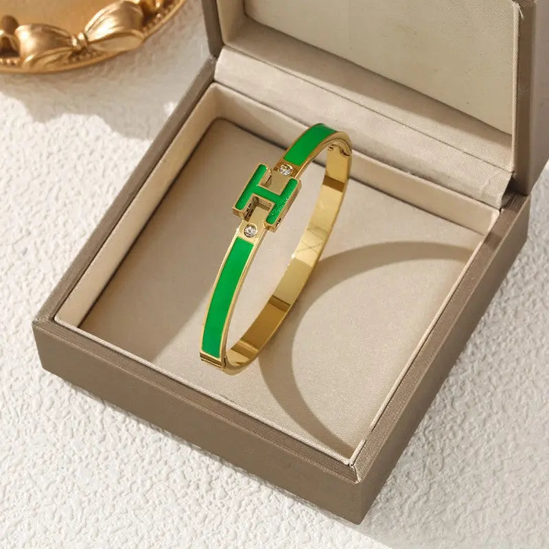 Aruary Studio ｜ Artisanal Jewelry Enamel 'H' Cuff Bracelet - Stainless Steel Letter Bracelet Green